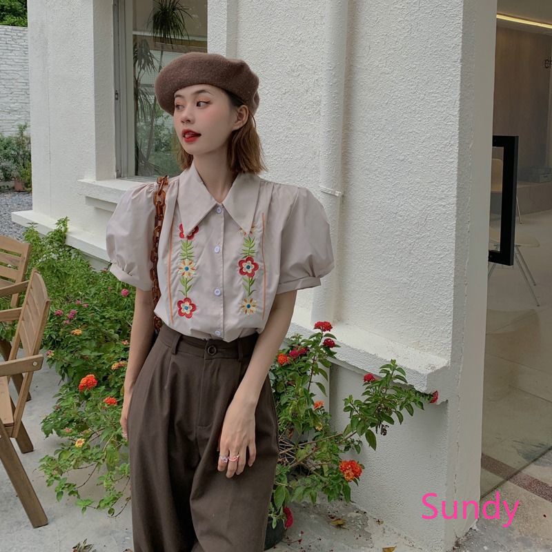 Plus Áo Kiểu Tay Phồng Thêu Họa Tiết Phong Cách Vintage Pháp Cho Nữ