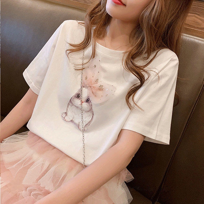 Áo Thun Cotton Tay Ngắn Màu Trắng In Hình Thỏ Phong Cách Mới 2022 Cho Nữ