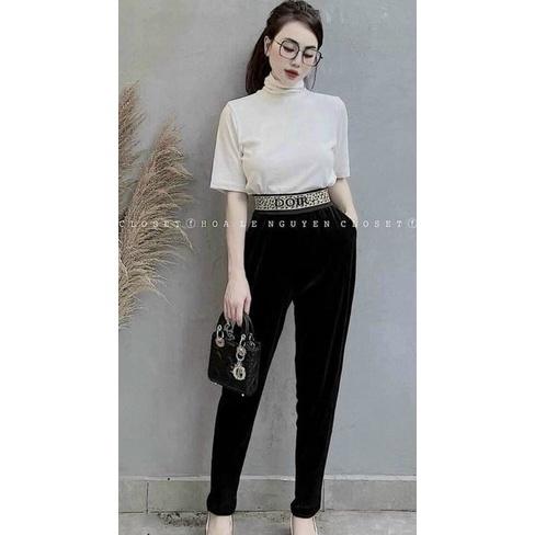 Quần baggy nữ cạp cao chun họa tiết dáng dài vải nhung tăm cao cấp màu đen nâu - Quần vải nữ công sở co giãn mặc đi học