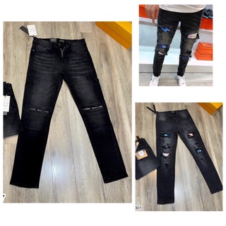 Quần jeans nam Amiri rách vá nhiều màu nổi bật - Quần bò nam LV rách thêu chữ ở gối