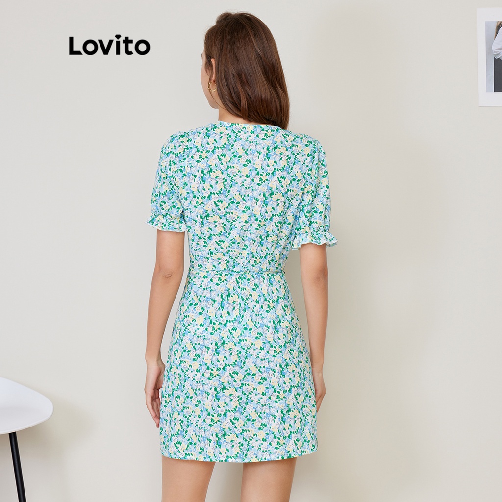 Đầm Lovito tôn dáng tay phồng in hoa phong cách thường ngày L27AD065 (màu xanh lam)