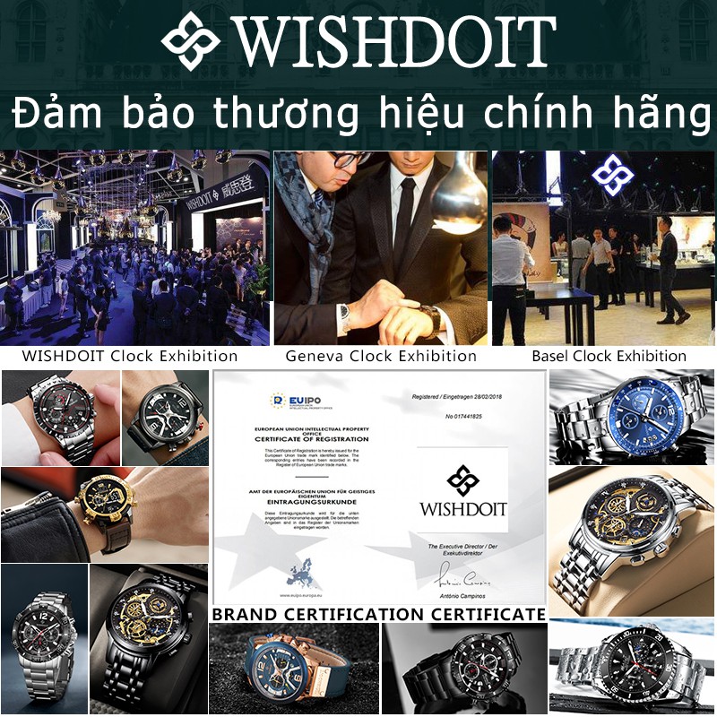 Đồng hồ đeo tay nam WISHDOIT dạ quang máy thạch anh dây da chống nước ba mặt đồng hồ đa năng phong cách thể thao