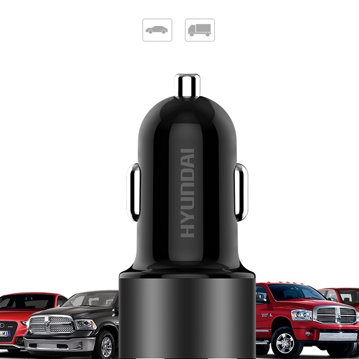 Tẩu sạc ô tô Hyundai HY-36B, tích hợp 2 cổng USB,  3.1A(Max), 18W, Hyundai car charger