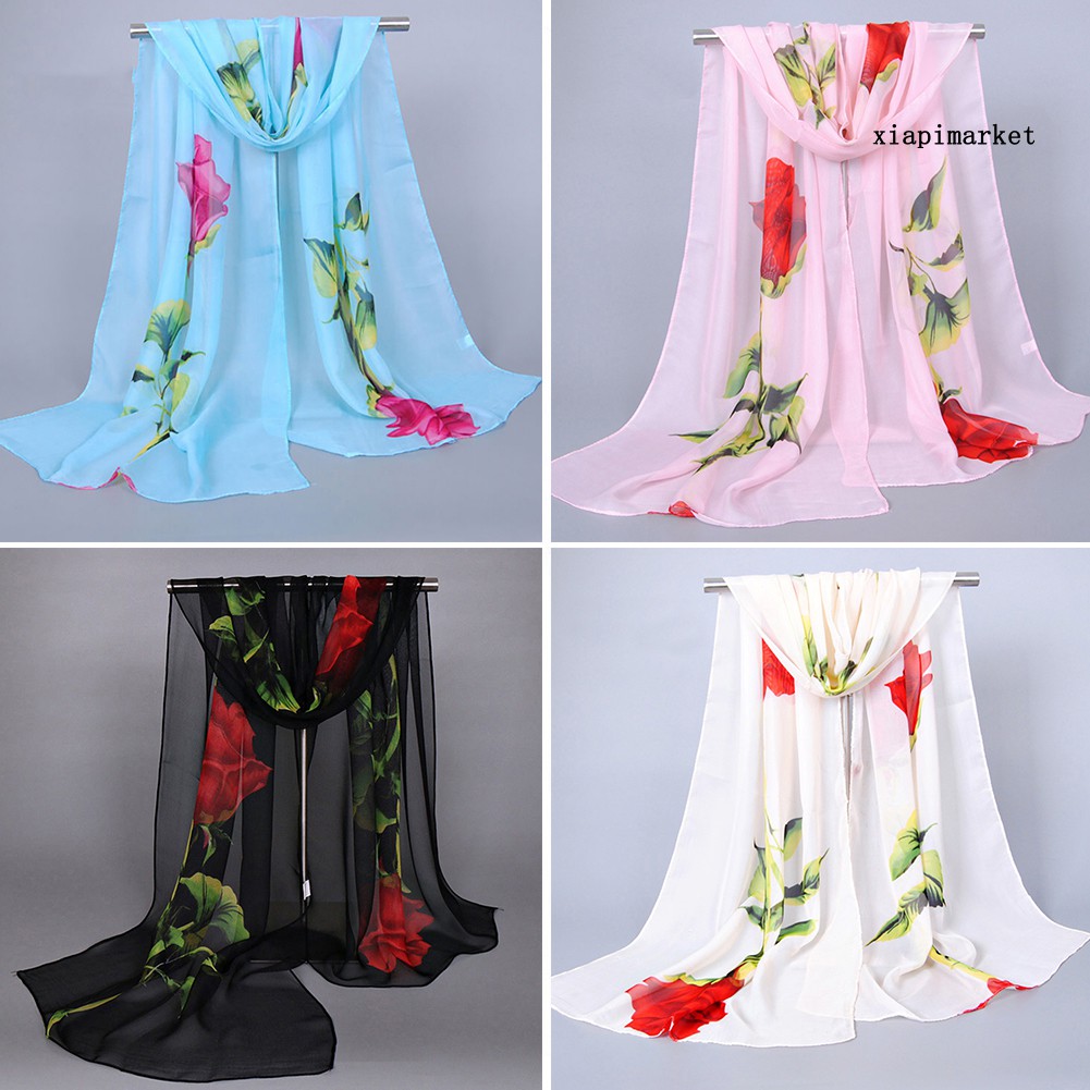 Phụ Kiện Trang Trí Xinh Xắn Chất Lượng|Khăn Choàng Nữ, Vải Chiffon, Dài Mềm, In Hình Hoa Hồng