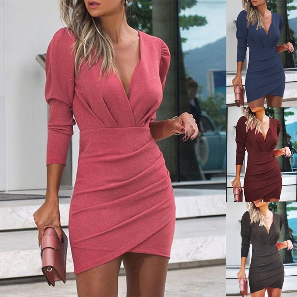 [EP] Đầm Mini xếp ly cổ chữ V sâu thời trang dành cho nữ