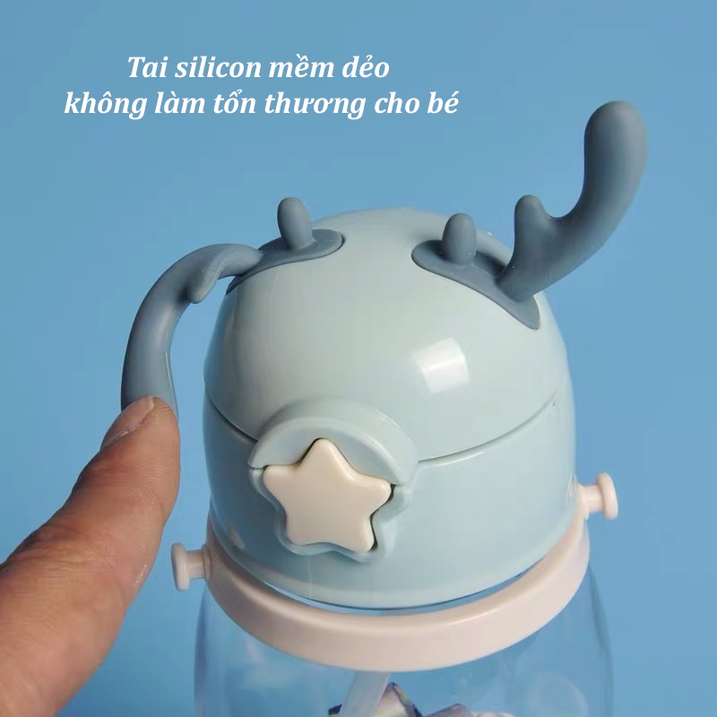 Bình nước cho bé đi học 600ml có dây đeo bình uống nước cho bé có ống hút cute nhiều màu B10