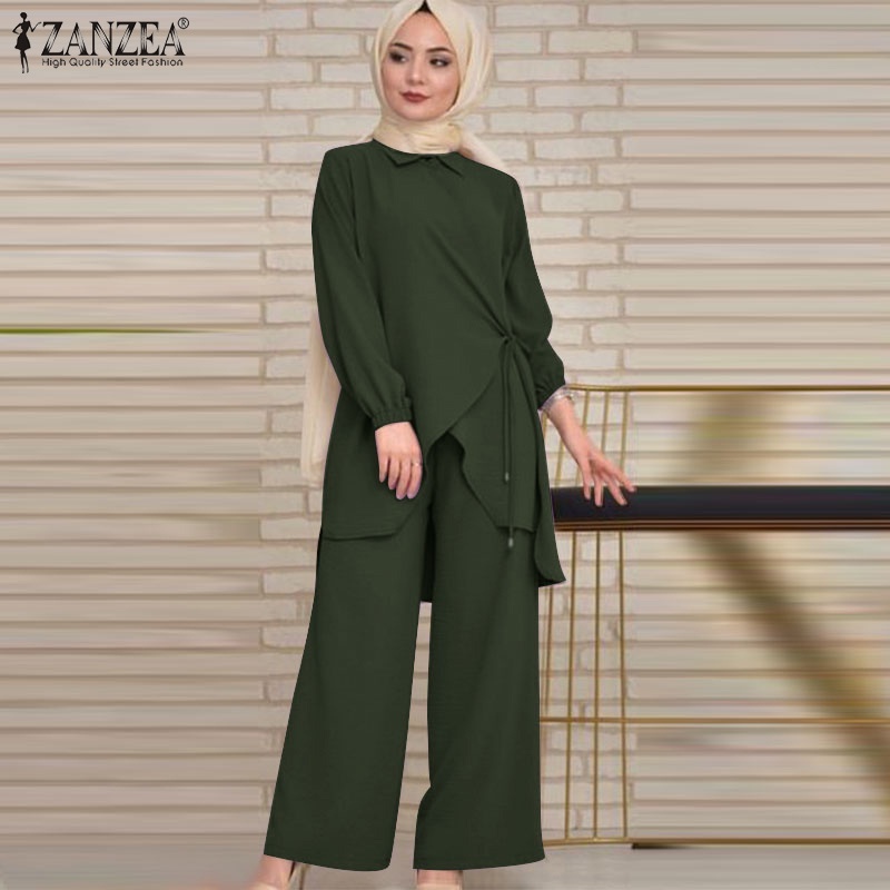 Bộ đồ ZANZEA gồm áo dài tay + quần dài phối túi phong cách Hồi Giáo thời trang cho nữ