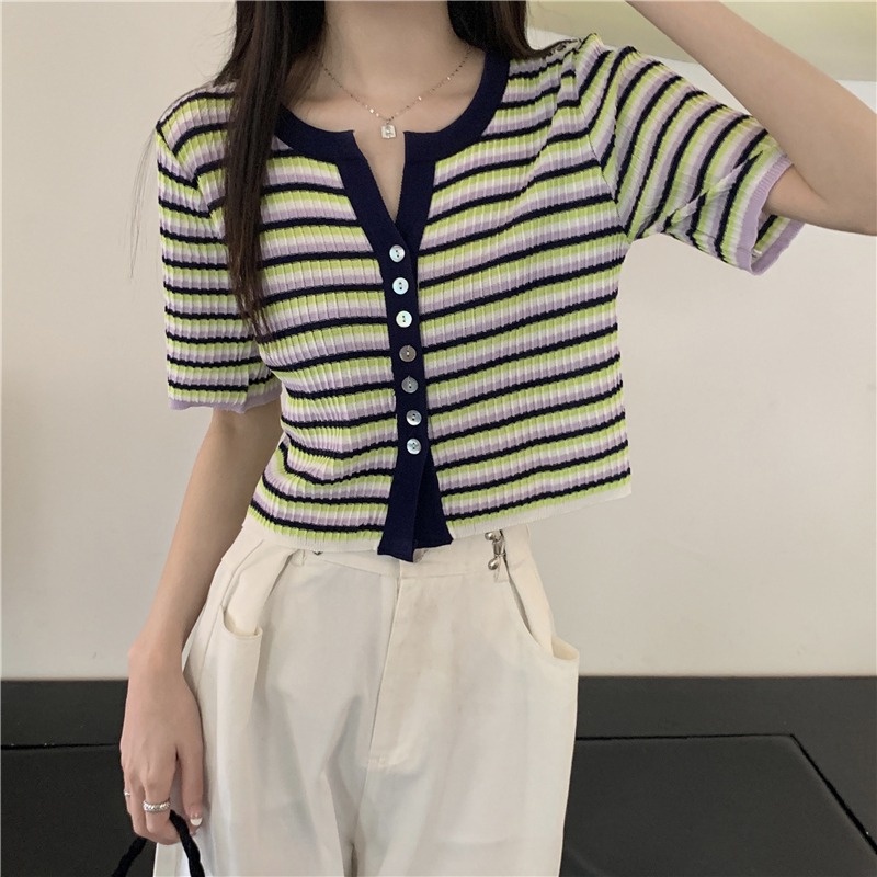 Áo cardigan ZHELIHANGFEI dệt kim tay ngắn kẻ sọc thiết kế trẻ trung cá tính cho nữ