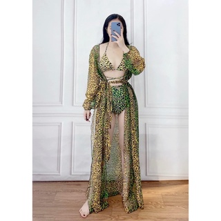 BIKINI Set 3 chi tiết 2 mảnh quần cao kèm áo khoác báo vàng sexy