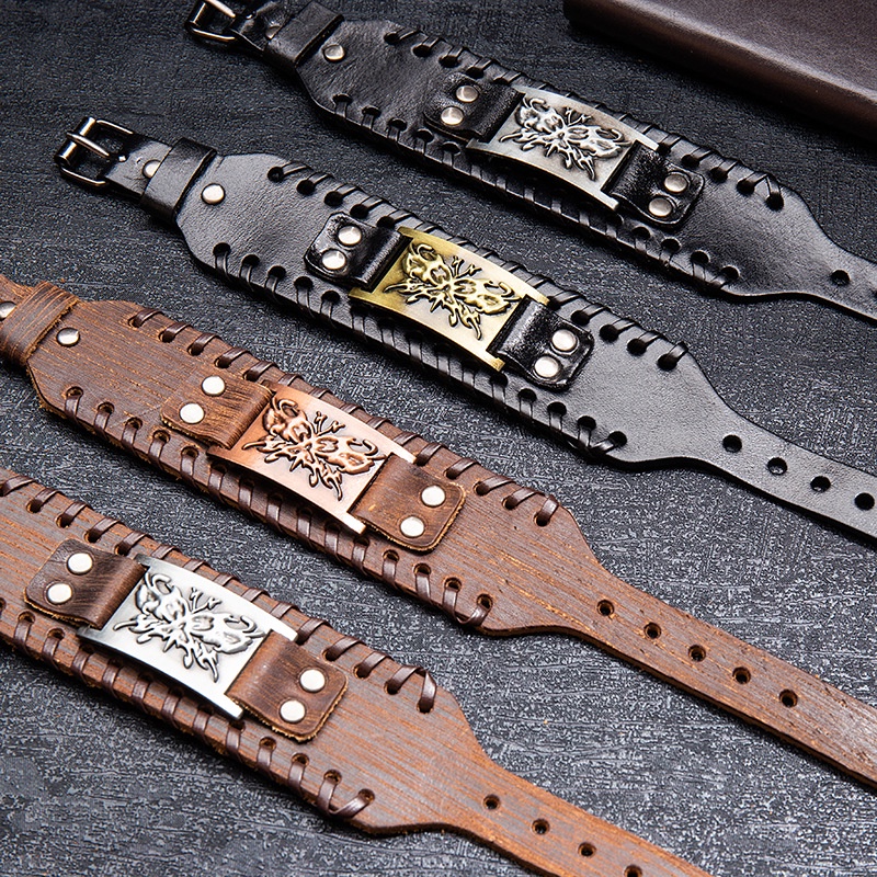 Vòng Tay Dây Da Mặt Hình Đầu Lâu Phong Cách Viking Cho Nam