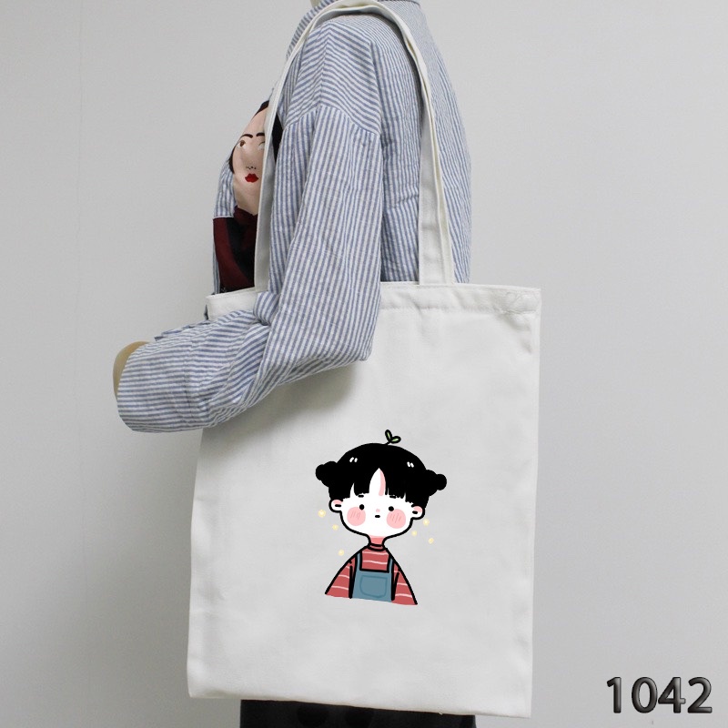 Túi Tote Vải Canvas Đeo Vai Đi Học Đi Chơi Đi Du Lịch 1042 In Họa Tiết Cô Bé Tóc Bối Dễ Thương