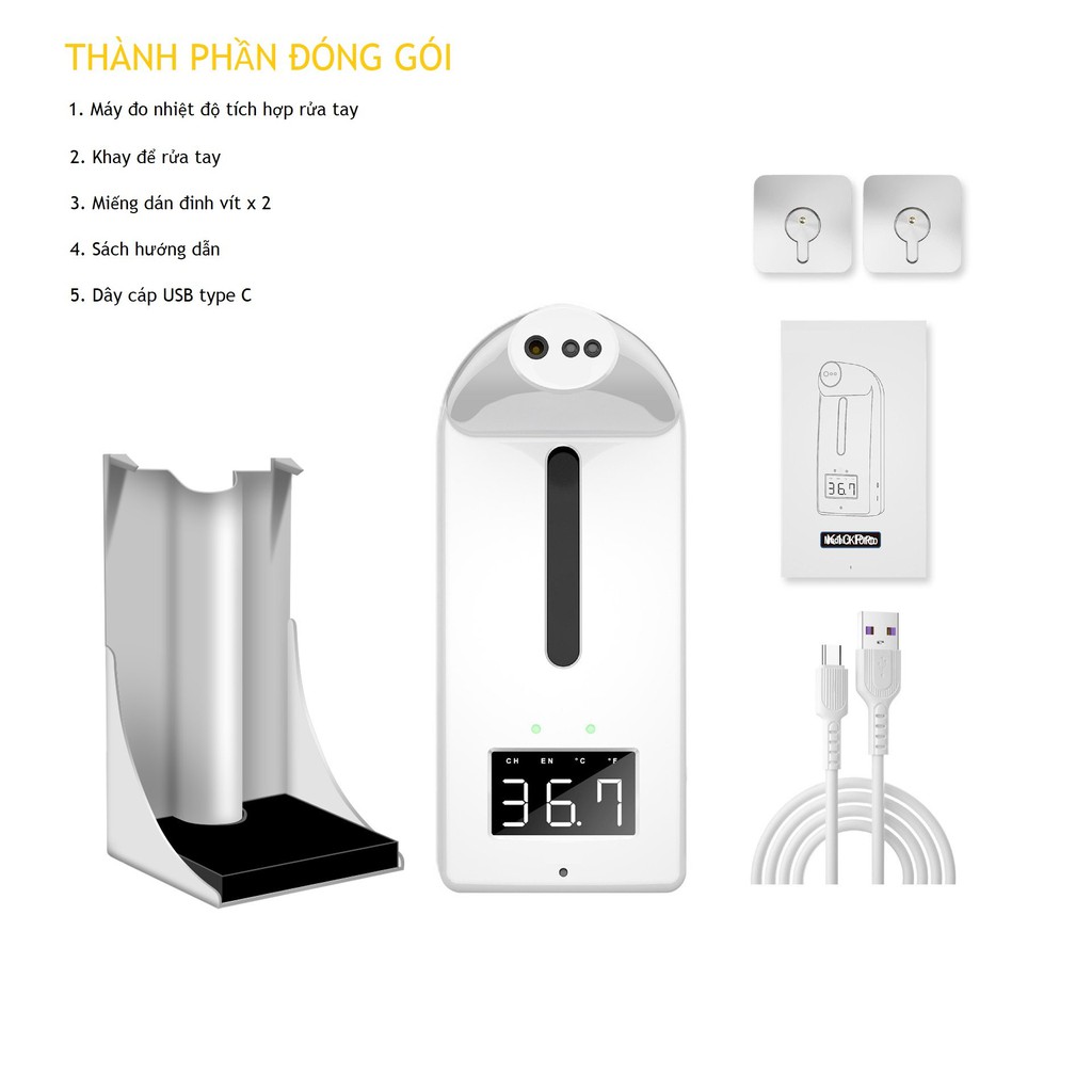 Máy đo thân nhiệt tự động tích hợp rửa tay khử khuẩn. Thiết bị K10 PRO đo trán, đo tay độ chính xác cao.