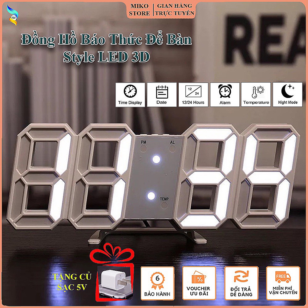 Đồng Hồ Điện Tử Digital LED 3D Thông Minh, Đồng Hồ Để Bàn, Báo Thức, Treo Tường, Làm Quà Tặng. Tặng Củ Sạc 5V