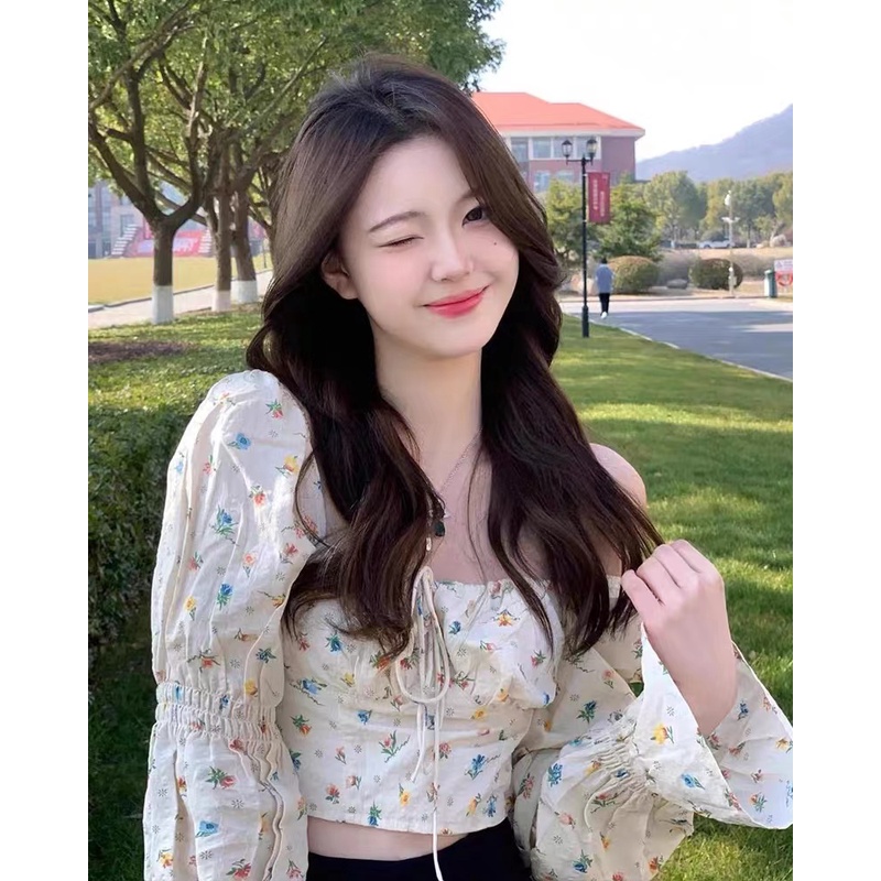 QKOOLE Áo kiểu cổ vuông họa tiết hoa phong cách Hàn Quốc xinh xắn dành cho nữ
