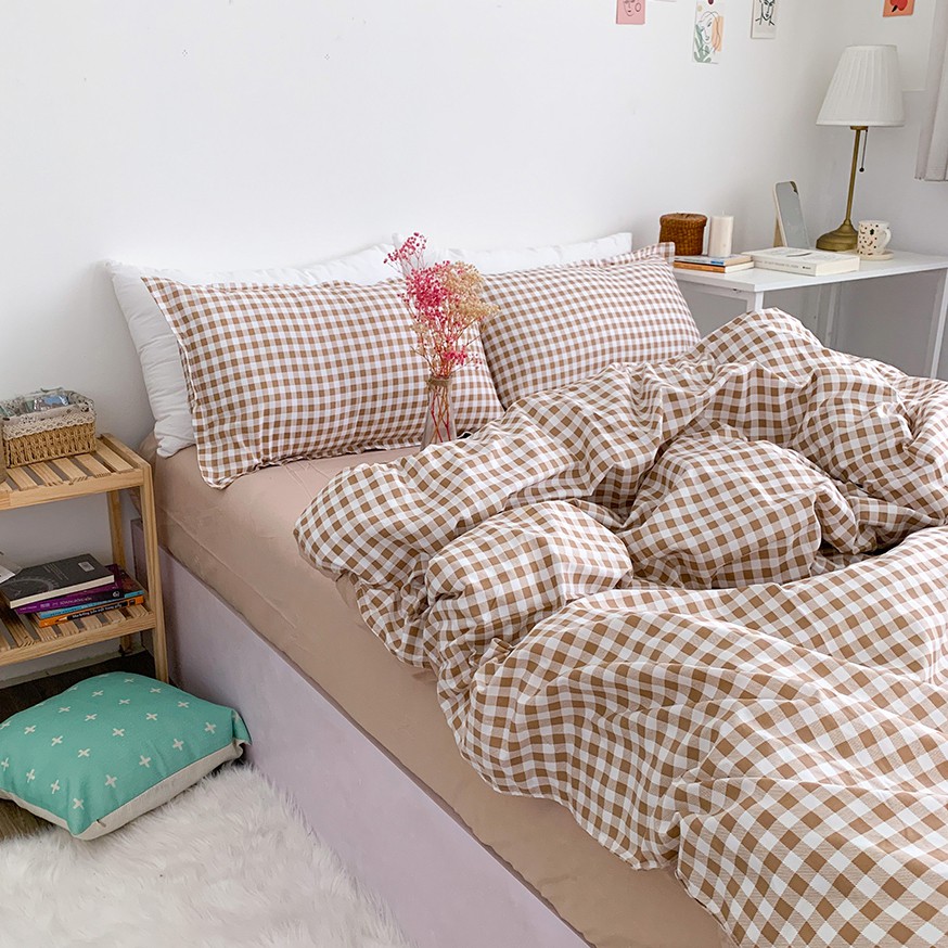 Bộ chăn ga gối Poly Cotton REE Bedding PLC08 caro hoa nâu đủ size giường nệm