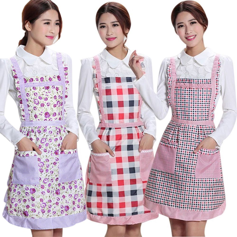 Tạp dề hai lớp dày dặn chống thấm nước chống dầu in họa tiết caro có túi cho nữ