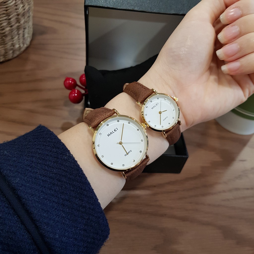 Đồng hồ cặp đôi nam nữ Halei dây da đen mặt ngọc chính hãng Tony Watch 68 | BigBuy360 - bigbuy360.vn