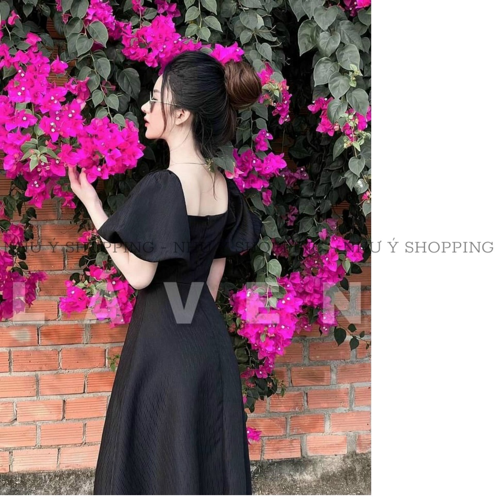 Đầm tay phồng đóng nút xẻ tà thanh lịch trẻ trung 3 màu free size dưới 55kg