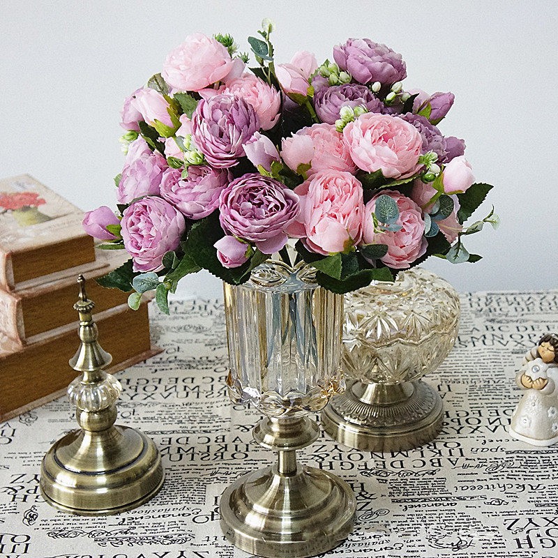 Hoa giả để bàn, bó hoa hồng Ecuador 5 bông 4 nụ kèm quả điểm 30cm trang trí nhà cửa sang trọng