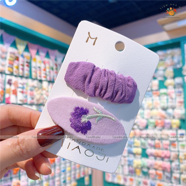 Set cặp tách kẹp tóc mái Hàn Quốc phong cách ulzzang thêu hoa handmade hot trend cho bé gái