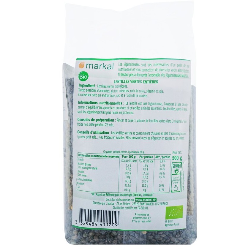 Đậu lăng xanh Green Lentil hữu cơ Markal 500g