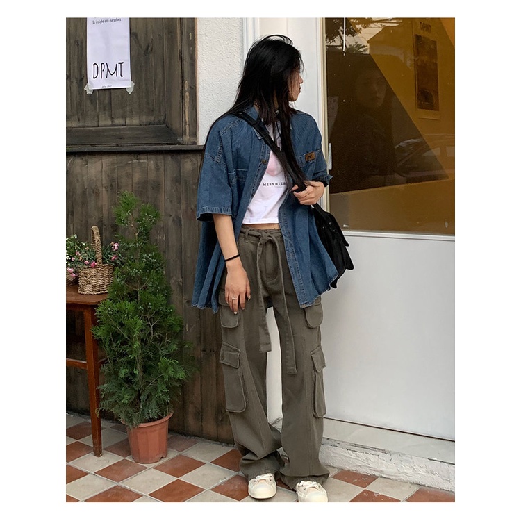 ○Áo Sơ Mi Denim Tay Ngắn Dáng Rộng Phong Cách Hồng Kông Thời Trang Mùa Hè Cho Nữ