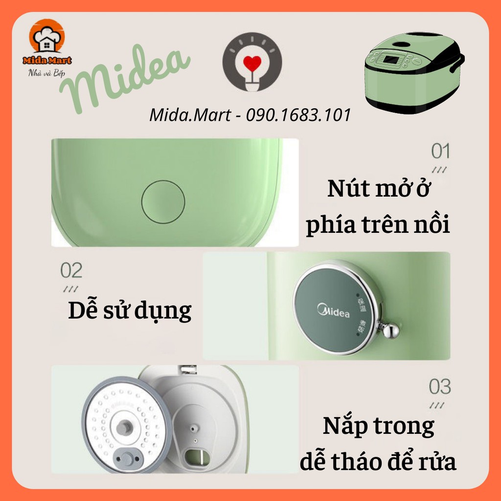 🔥NỒI CƠM ĐIỆN MINI MÀU XANH MINT DUNG TÍCH 1,2L PHÙ HỢP 1-2 NGƯỜI DÙNG MIDEA MB-FB12X1-418C CHÍNH HÃNG BẢO HÀNH 6THÁNG 🔥
