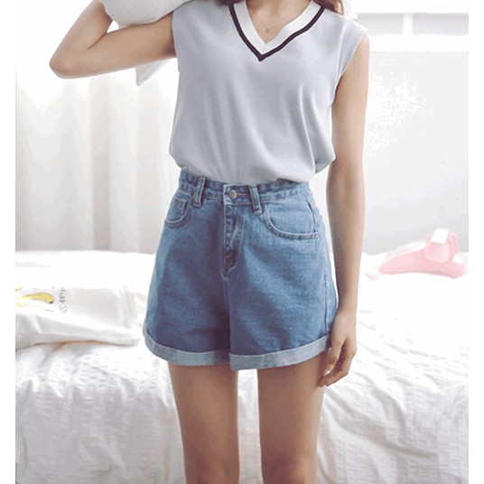 SUXI Quần jeans ngắn ống rộng phong cách Hàn Quốc