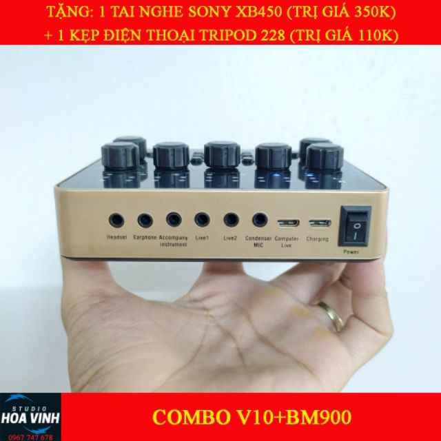 Combo livestream mic Woaichoang BM-900 soundcard V10 bluetooth tặng tai nghe kẹp điện thoại