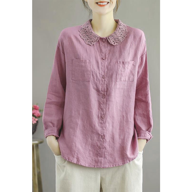 Ice lace lapel collar blouse cotton linen long-sleeved shirt Italian export tailor cut label female clearance