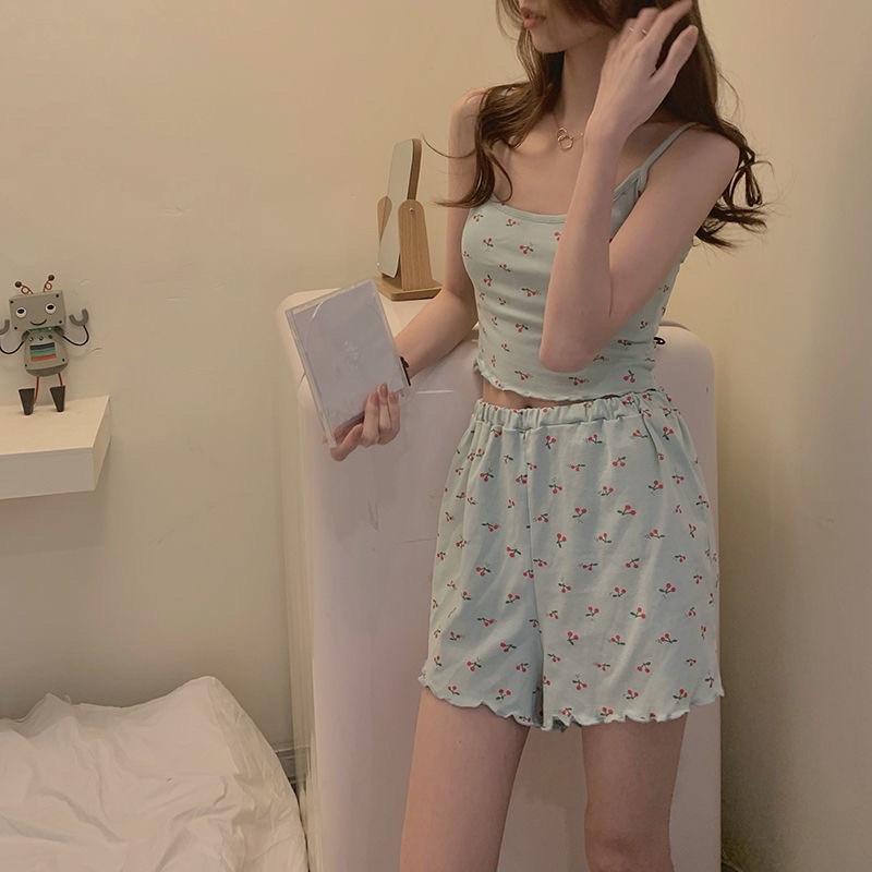 Ngọt ngào anh đào nhỏ tinh khiết mong muốn cô gái dây treo bên ngoài mặc đồ ngủ nữ mùa hè 2022 bộ đồ mặc nhà mùa xuân