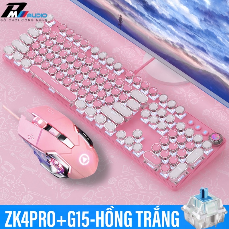 Bàn Phím Cơ ZK4 PRO Và Chuột Máy Tính Laptop G15 Nút Tròn Màu Hồng Xanh Trắng LED RGB Đổi Màu Nhiều Chế Độ