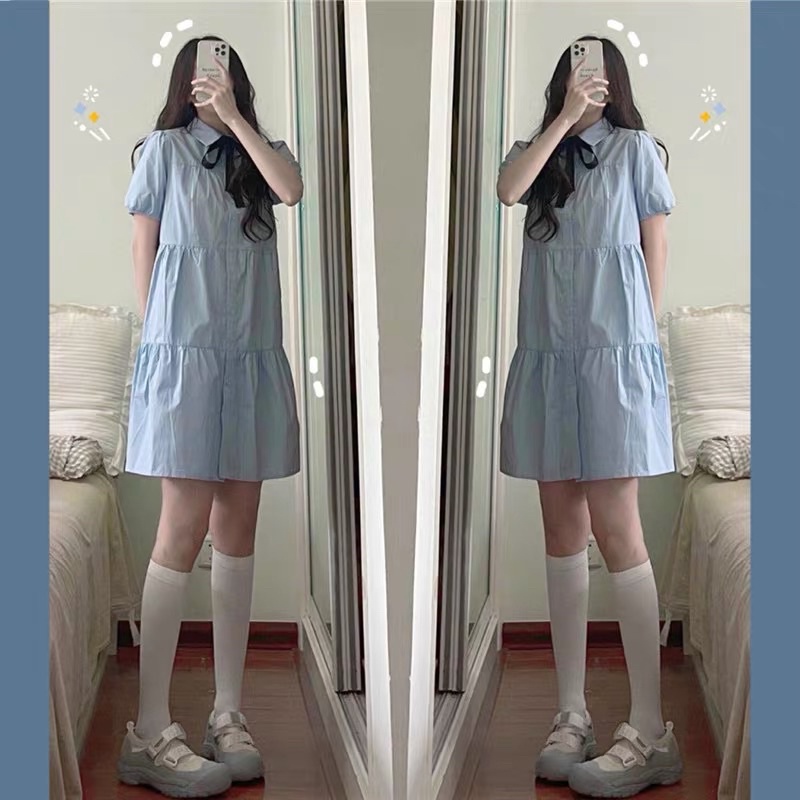 ĐẦM SƠ MI BABYDOLL XANH BLUE (video)