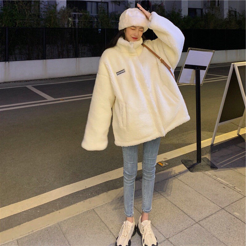 Áo Khoác Lông Cừu PICHI Ulzzang Dạo Phố Phong Cách Cổ Cao- Áo Lông Kéo Khoá Thêu Logo Unisex Hàn Quốc