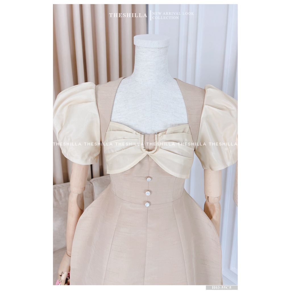 Váy thiết kế cao cấp màu kem khoen ngực phối tay phồng oganza đính nút [ Có video + Ảnh thật ] The Shilla - H03-55C5