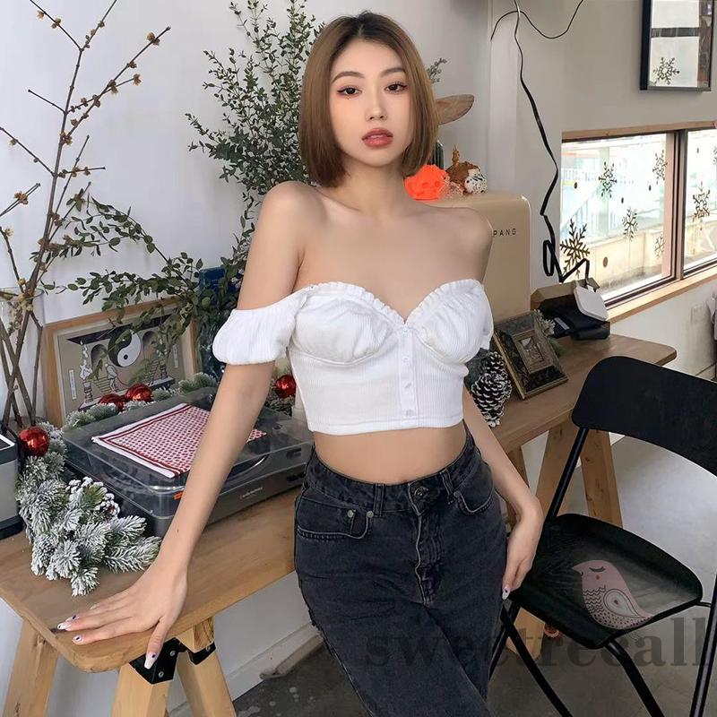 Áo kiểu croptop tay ngắn mặc trễ vai được màu trơn theo xu hướng thời trang dành cho nữ