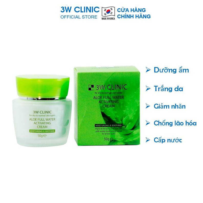 Kem dưỡng trắng da cấp nước tinh chất lô hội 3W Clinic Aloe Full Water Activating Cream Hàn Quốc 50ml