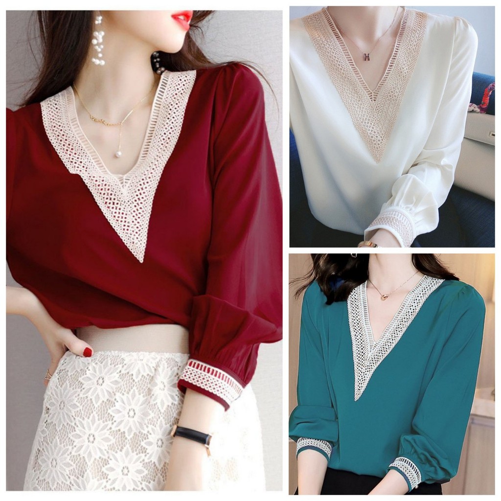 Áo Kiểu Sơ Mi Nữ Phi Lụa Cổ Viền Ren BY3335