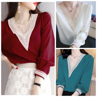 Áo kiểu sơ mi nữ phi lụa cổ viền ren by3335