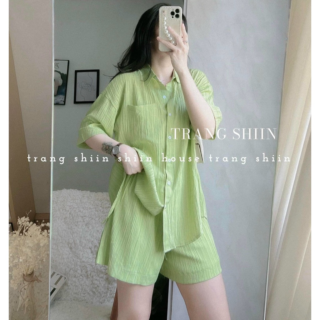 Set đồ nữ bộ đồ áo sơ mi cộc tay thắt nơ xẻ lưng kèm quần short chất đũi xốp siêu mát