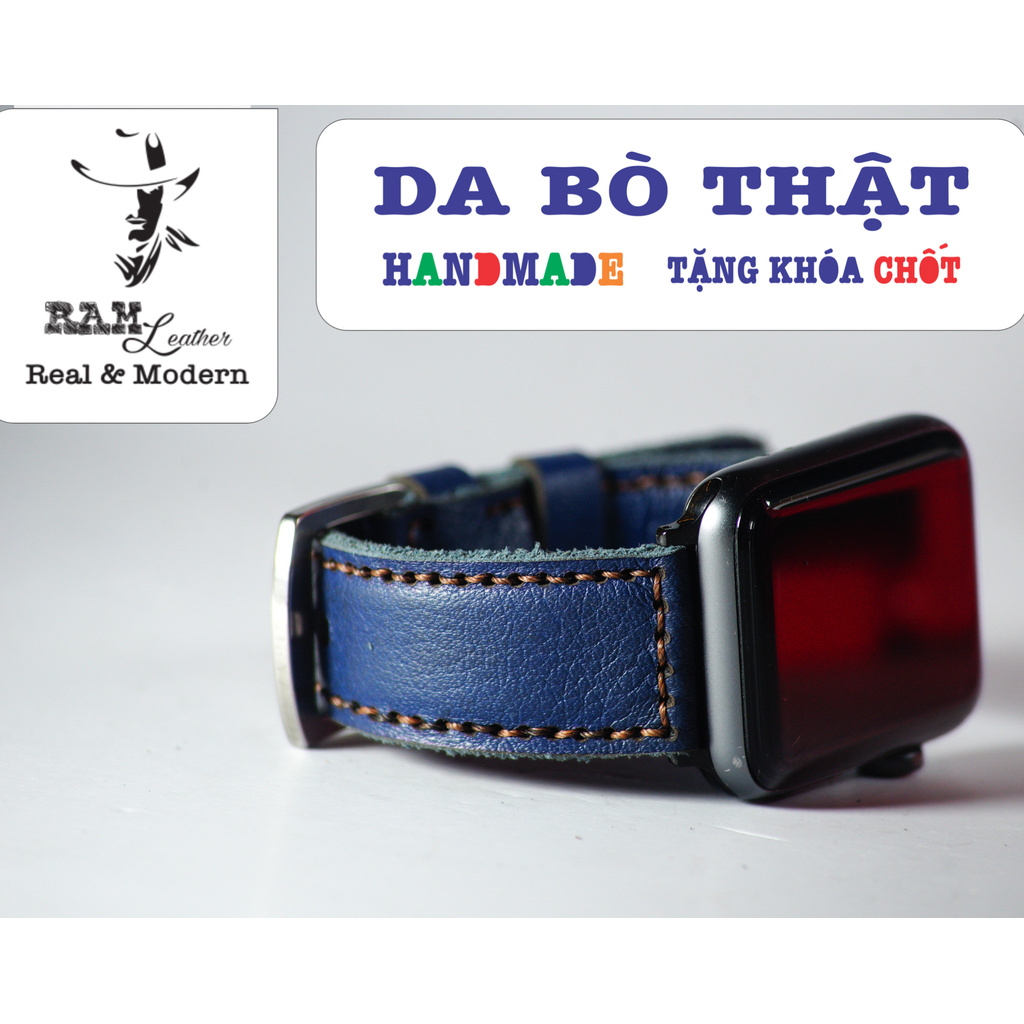 Dây apple watch da bò mill xanh navy RAM Leather classic 1958 handmade bền chắc cực đẹp - Tặng khóa chốt và adapter