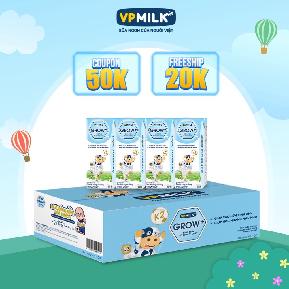 Sữa tiệt trùng VPMilk Grow+ hộp 180ml (thùng 48 hộp)