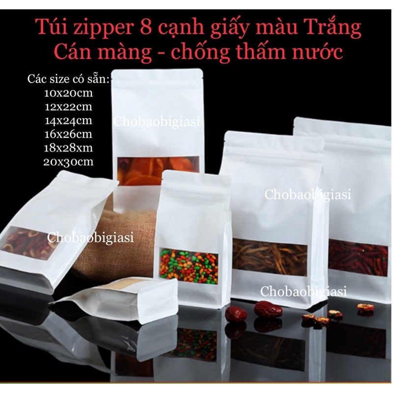 {1kg/size} Túi zipper 8 cạnh giấy màu Trắng đáy vuông cán màng - chống thấm nước sang trọng, hàng đẹp (sp y hình)