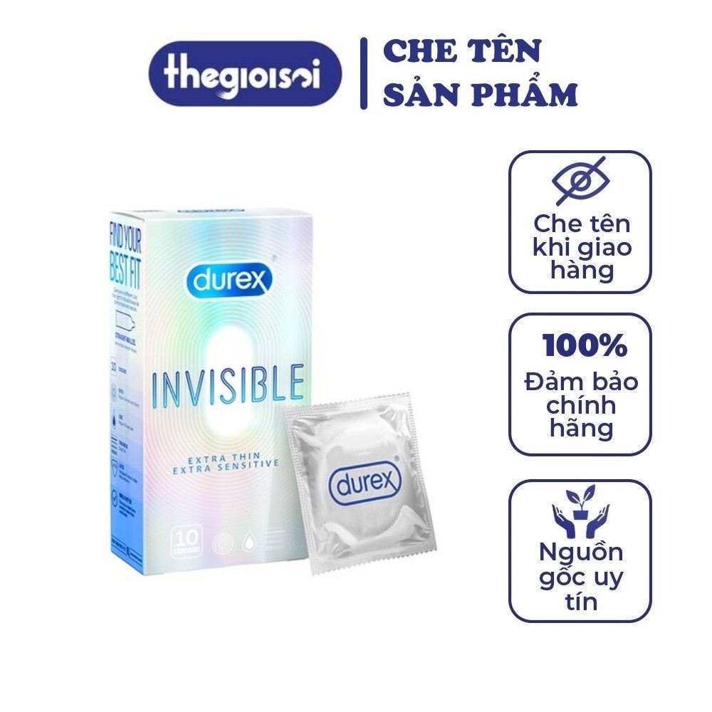 Bao cao su Durex Invisible bcs siêu mỏng nhiều gel bôi trơn không mùi 1 hộp 10c có che tên sản phẩm - thegioisoi