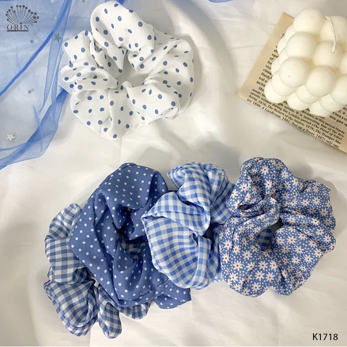 Cột tóc vải scrunchies xanh thiên thanh dây buộc tóc scrunchies nhiều mẫu Orin K1718