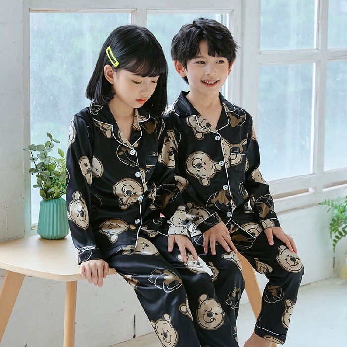 Bộ Đồ Ngủ Tay Dài Chất Lụa In Họa Tiết Dễ Thương Thời Trang Cho Bé Trai Và Gái