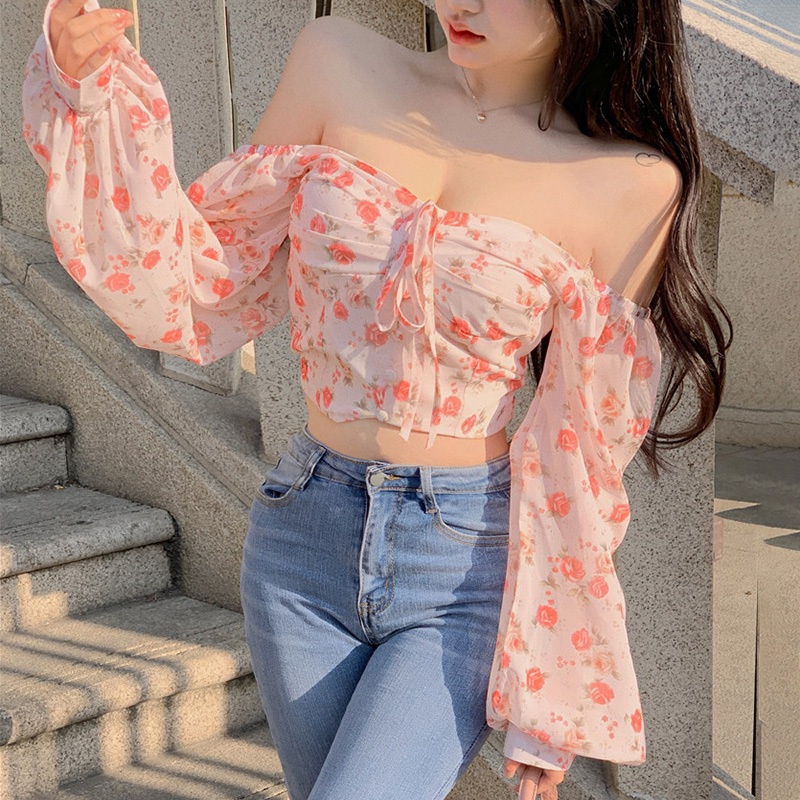 Áo Crop Top Vải Voan Tay Dài Phồng Trễ Vai In Hoa Kiểu Retro Hàn Quốc Xinh Xắn Cho Nữ