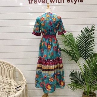 (CÓ SẴN) Váy boho ánh xanh cổ V