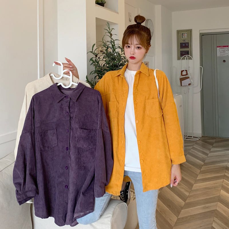 Áo Khoác Cardigan Nhung Kẻ Dài Tay Dáng Rộng Màu Trơn Phong Cách Retro Hàn Quốc