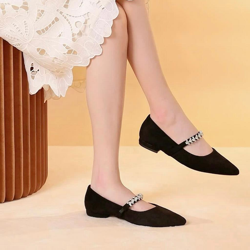 Giày búp bê MWC 2288 - Giày Búp Bê Mũi Nhọn Basic Phối Quai Ngang Mảnh Đính Đá Nhỏ Sang Trọng Thời Trang